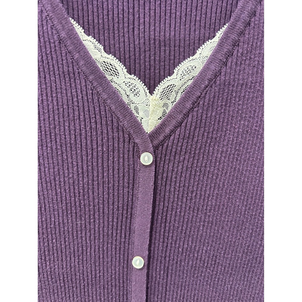 Sag Harbor Woman Purple Ribbed Lace Trim Cardigan Sweater 3X Soft Cotton
